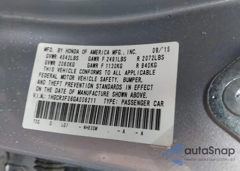 2016 Honda Accord Ex-L из США, поврежденный, VIN 1HGCR3F06GA006211